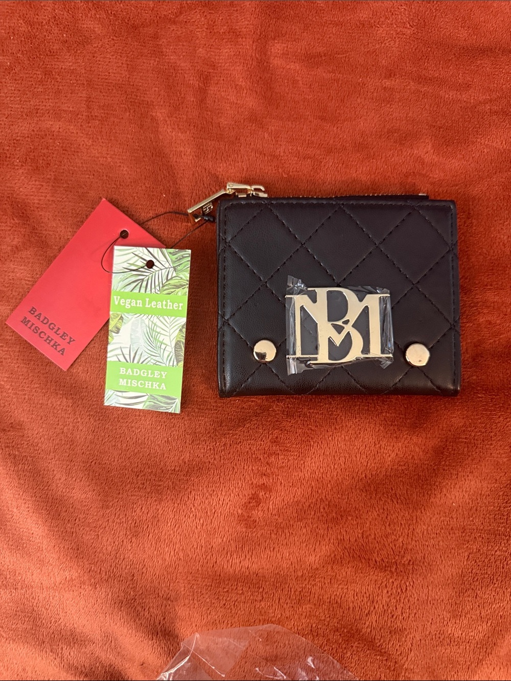 Badgley Mischka Black Quilted Vegan Leather Mini Wallet with Gold Logo